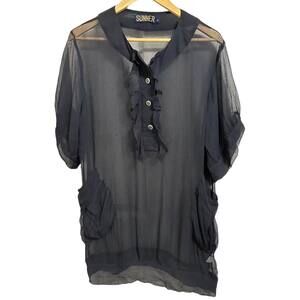 Sunner Silk Short Sleeves Tunic Top Ruffle‎ Accent Black Size Small